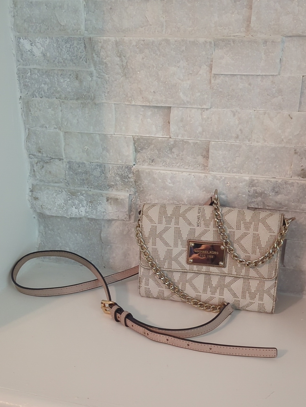 Michael Kors Beige & Pale Pink MK Logo Chain Crossbody Bag